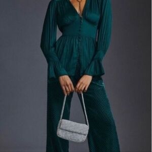 Anthropologie Pleated Button Down Satin Blouse- emerald green xxs